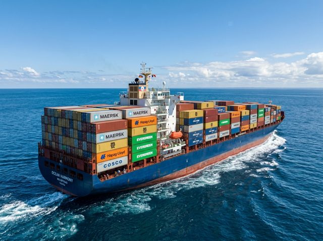 Buque de carga portacontenedores en alta mar