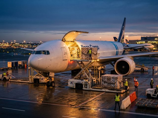 Avión carguero internacional en pista aeroportuaria
